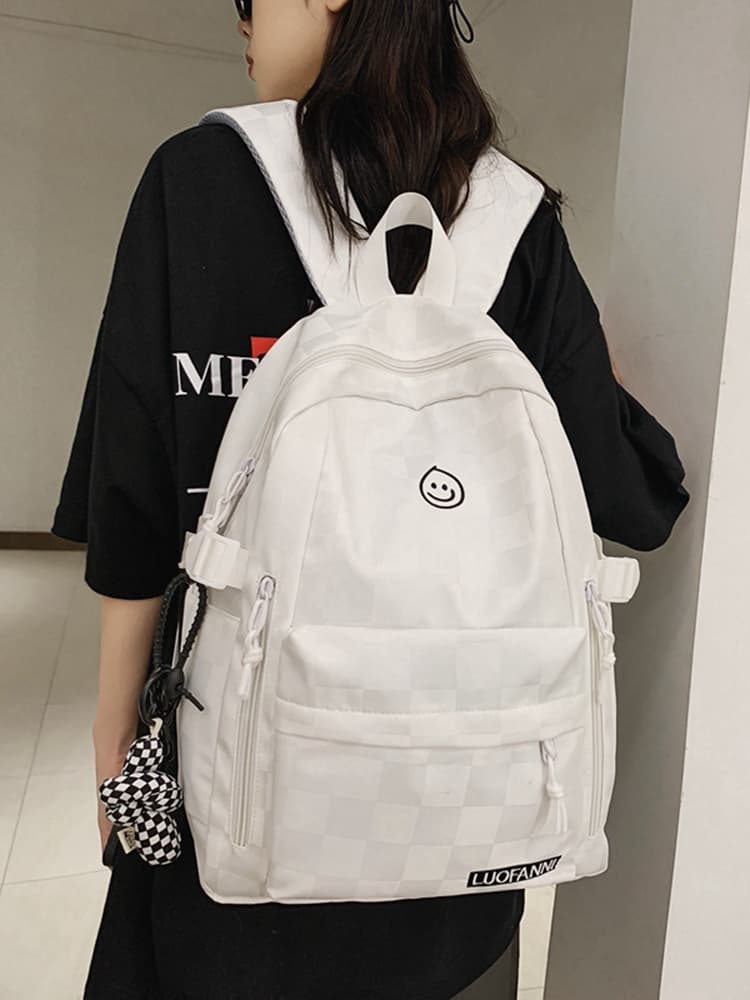 レディースリュック 笑顔刺繍チェック柄多機能大容量背負い鞄