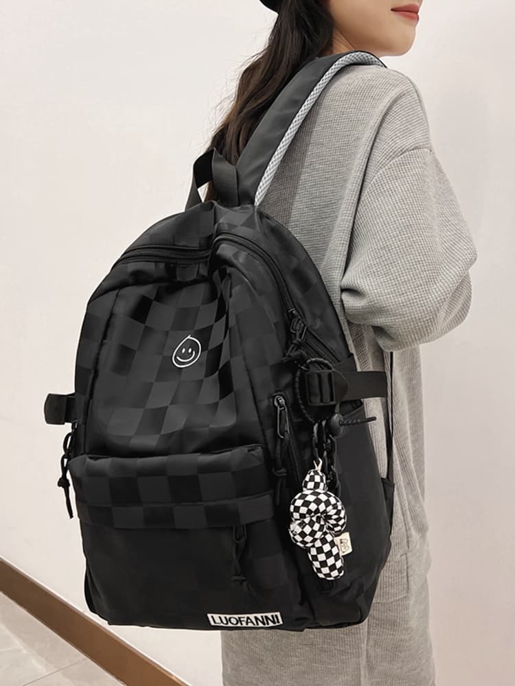 レディースリュック 笑顔刺繍チェック柄多機能大容量背負い鞄